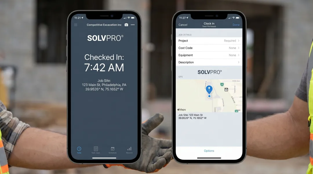GPS time tracking app on smartphone displaying accurate crew arrival time and job location