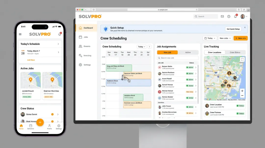 SolvPro field workforce management dashboard showing crew scheduling and job tracking
