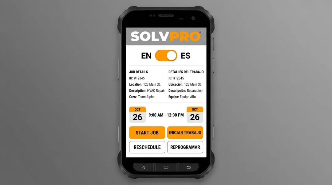 SolvPro bilingual English Spanish mobile app interface showing job details and scheduling
