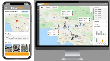 SolvPro mobile app displaying GPS crew dispatch and geo-stamped work orders