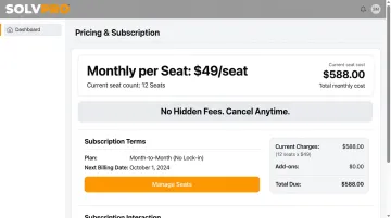 SolvPro pricing dashboard displaying transparent per-seat subscription costs