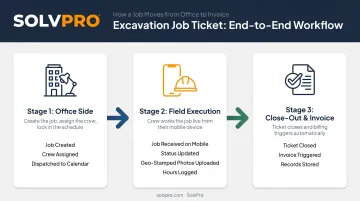 Excavation job ticket workflow from office dispatch to field completion and invoicing