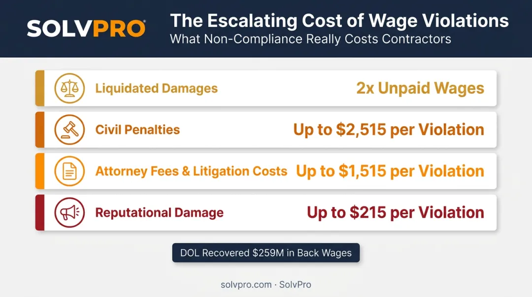 Wage and hour non-compliance cost breakdown showing penalties and liability