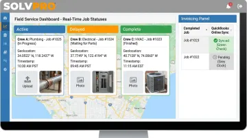 SolvPro field service dashboard showing real-time job status tracking