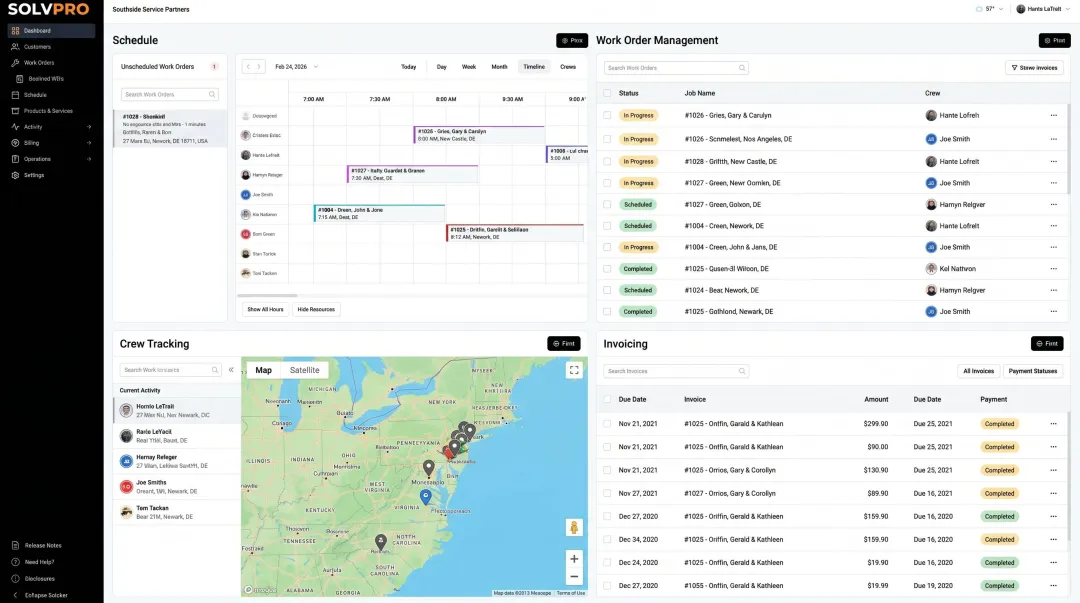 SolvPro field service management platform dashboard showing scheduling work orders and crew tracking