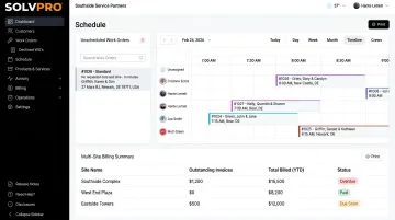 SolvPro dashboard displaying multi-site scheduling crew tracking and invoicing interface