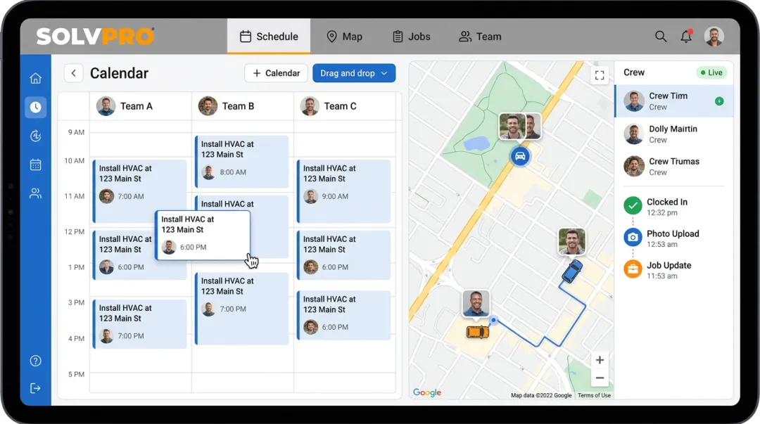 SolvPro dispatch interface showing GPS-tracked crew locations and job status