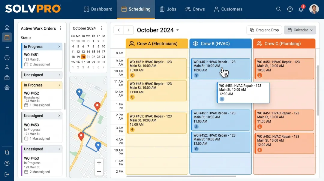 SolvPro field service management platform scheduling dashboard and mobile work order interface