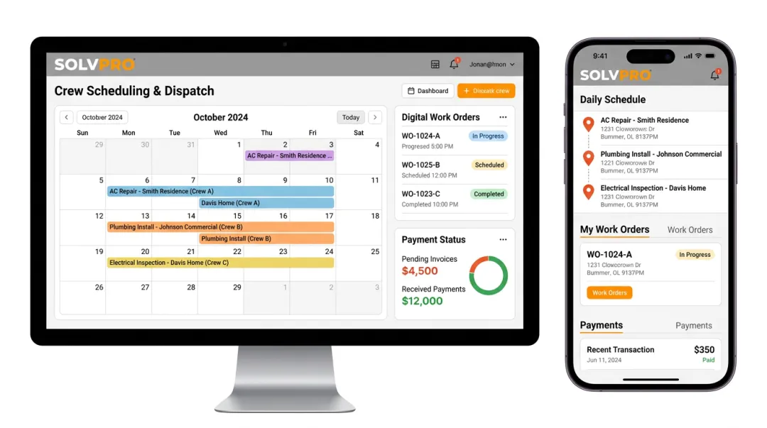 SolvPro field service dashboard showing crew scheduling and job dispatch interface