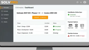 SolvPro estimate-to-invoice conversion dashboard with QuickBooks sync feature