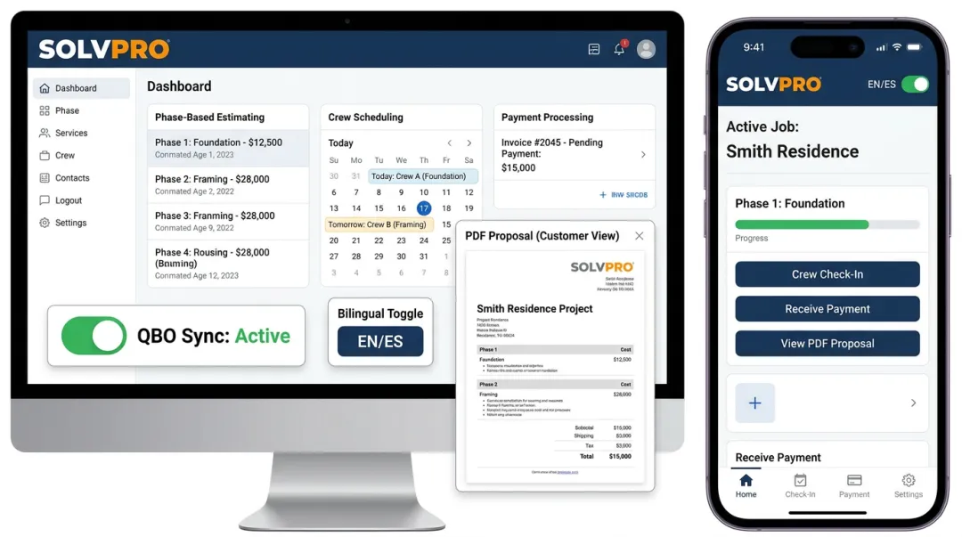 SolvPro platform dashboard showing phase-based estimating and QuickBooks sync