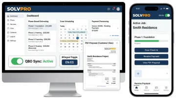SolvPro platform dashboard showing phase-based estimating and QuickBooks sync
