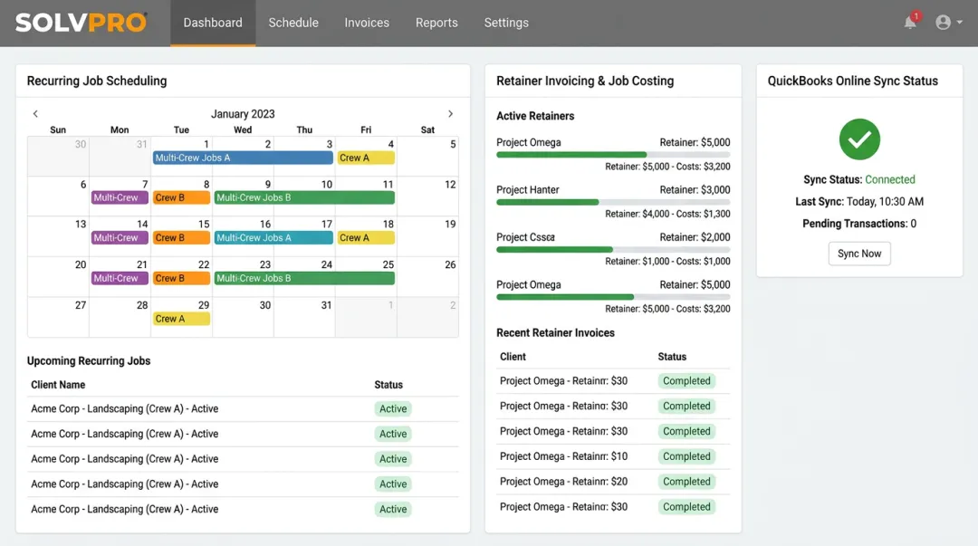 SolvPro dashboard showing recurring job scheduling and retainer invoicing features