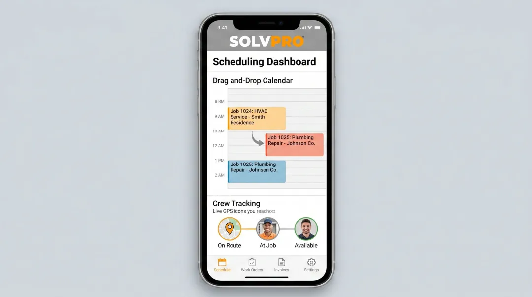 SolvPro field service management mobile app scheduling and invoicing dashboard