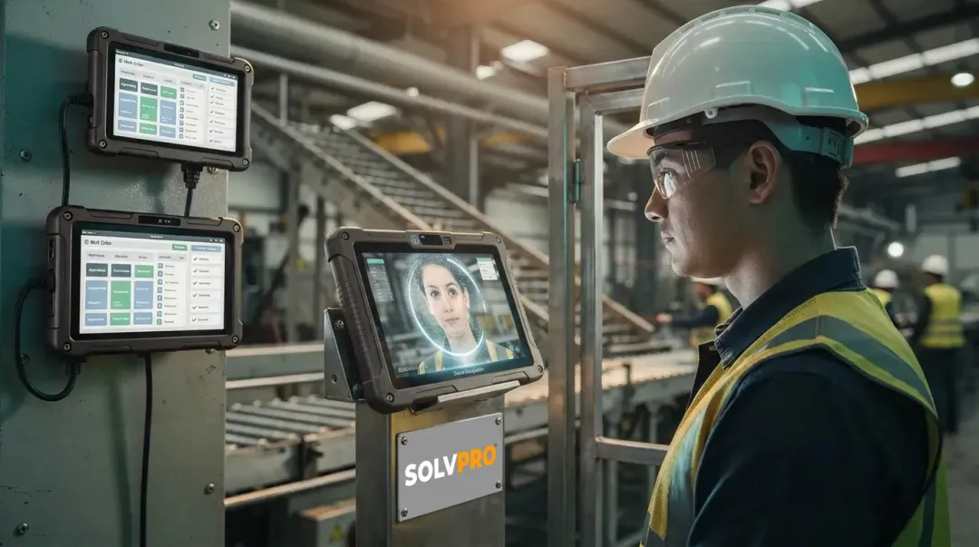 Facial recognition kiosk time clock preventing buddy punching on job sites