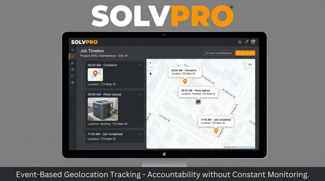 SolvPro event-based geolocation tracking interface showing job action timestamps and locations