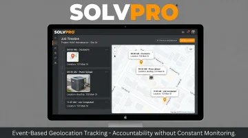 SolvPro event-based geolocation tracking interface showing job action timestamps and locations