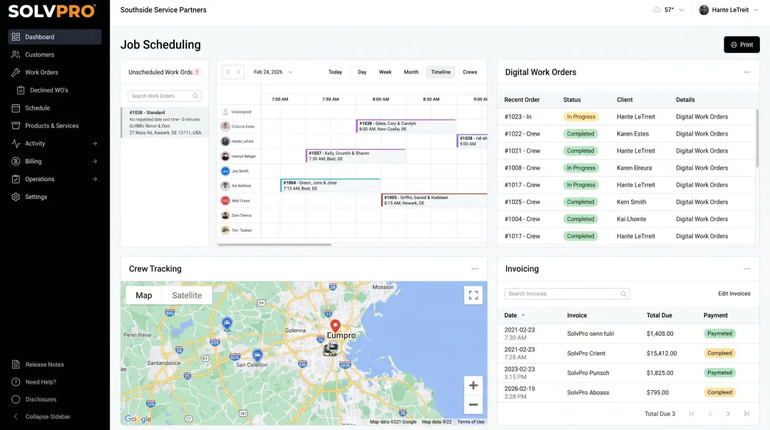 SolvPro field service management platform dashboard showing scheduling work orders and invoicing