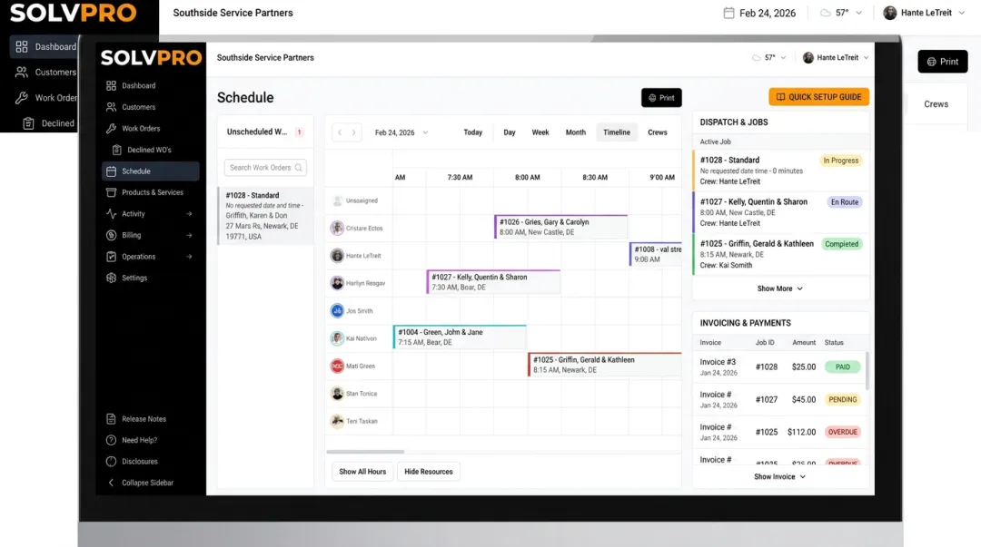 SolvPro field service management dashboard showing scheduling and invoicing interface