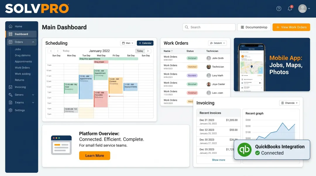 SolvPro platform feature table displaying scheduling invoicing and mobile capabilities