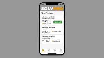 SolvPro mobile app displaying job-based crew time tracking entries