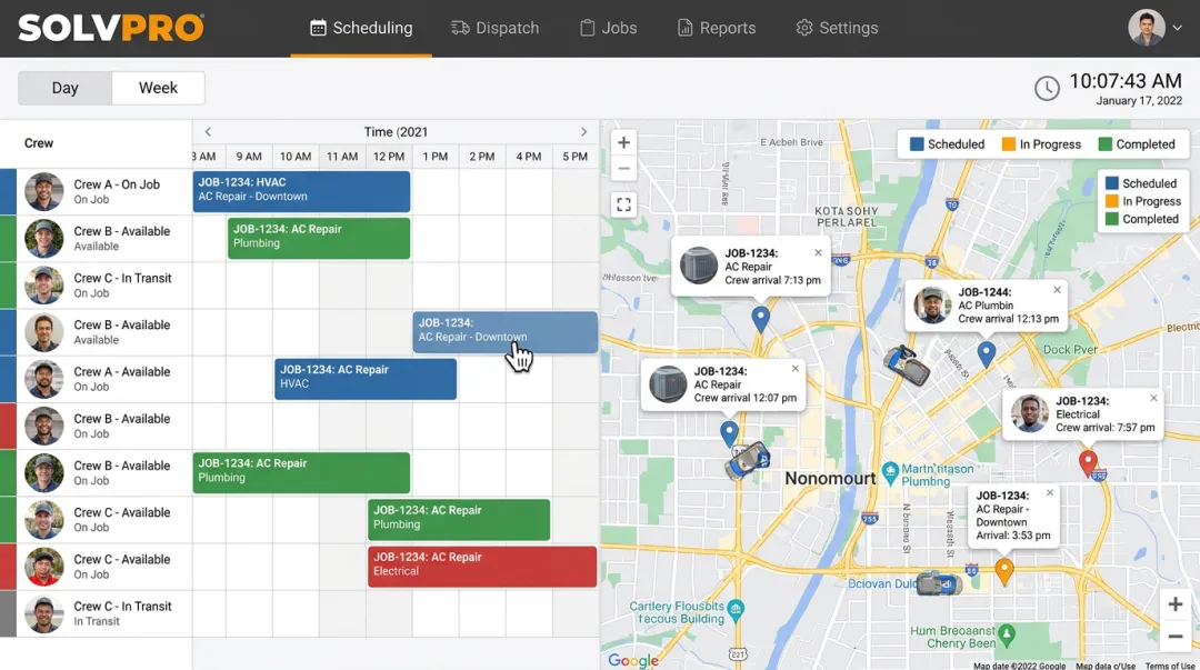 SolvPro scheduling and dispatch interface showing crew assignments and job locations