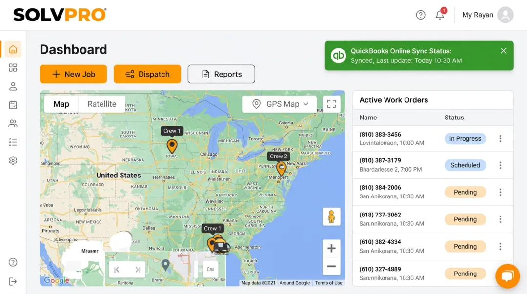 SolvPro field service dashboard displaying GPS-tracked dispatch and QuickBooks sync