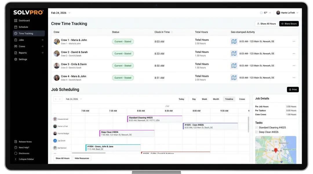 SolvPro field service platform dashboard showing crew time tracking and job scheduling