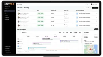 SolvPro field service platform dashboard showing crew time tracking and job scheduling