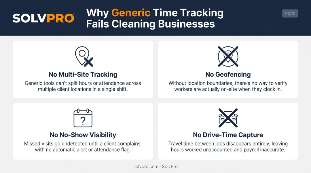 Four ways generic time tracking tools fail cleaning companies infographic