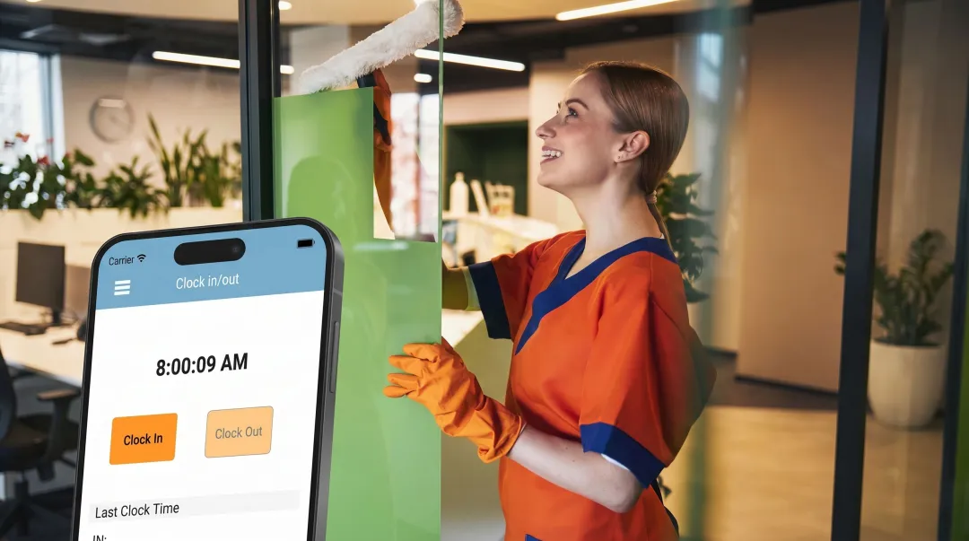 Commercial cleaning crew member clocking in via mobile app at job site