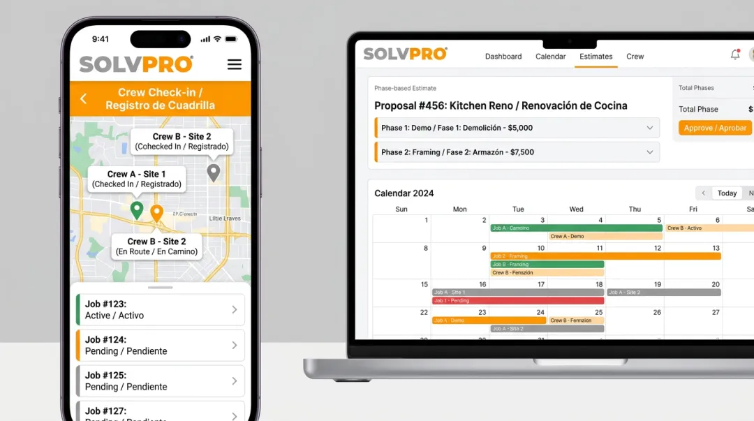 SolvPro mobile app dashboard displaying bilingual interface and crew geolocation tracking