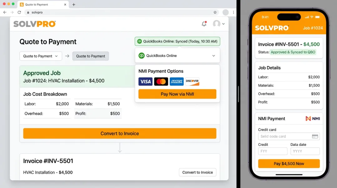 SolvPro invoicing dashboard showing QuickBooks sync and NMI payment processing