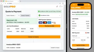 SolvPro invoicing dashboard showing QuickBooks sync and NMI payment processing