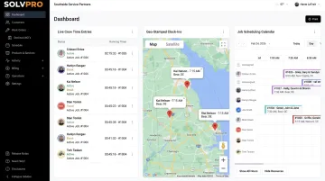 SolvPro field service dashboard displaying crew time tracking and job scheduling