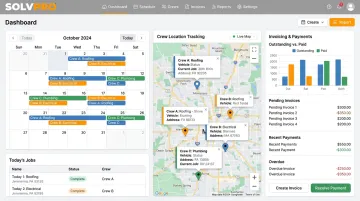 SolvPro job management dashboard displaying scheduling crew tracking and invoicing tools