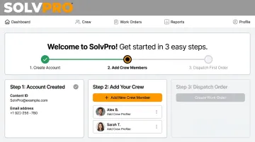 SolvPro dashboard interface showing quick crew onboarding and job dispatch setup