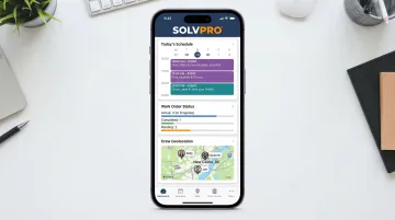 SolvPro mobile app interface showing job scheduling dispatching and crew tracking dashboard