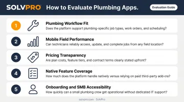 5-criteria plumbing software evaluation framework from workflow fit to onboarding accessibility