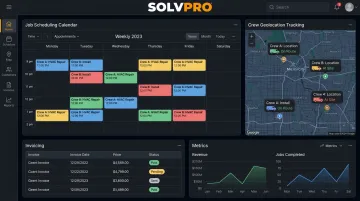SolvPro platform dashboard showing scheduling crew tracking and invoicing tools