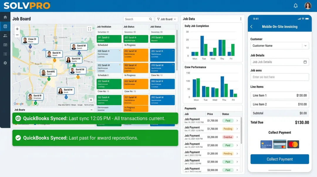 SolvPro field service software dashboard showing tracking and invoicing features