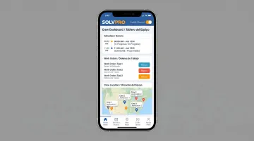 SolvPro mobile app dashboard showing work order scheduling and crew tracking interface