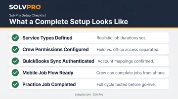 Five-point white-glove field service software setup completion checklist infographic