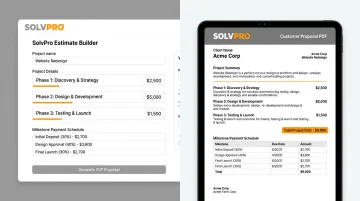 SolvPro platform dashboard showing phase-based estimating and PDF proposal builder