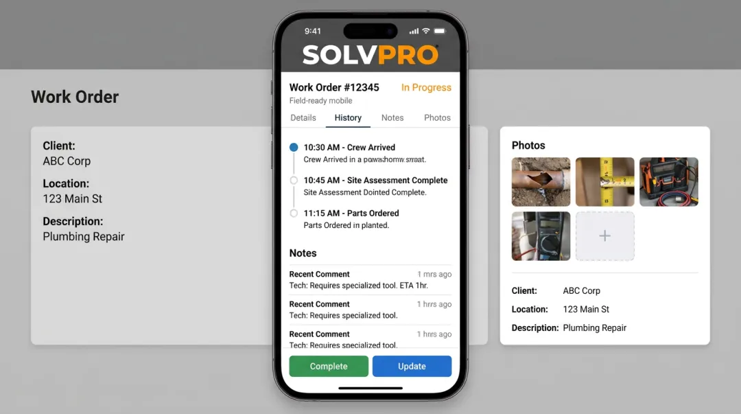 SolvPro mobile app interface displaying job data and crew tracking