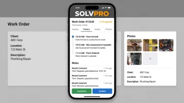 SolvPro mobile app interface displaying job data and crew tracking