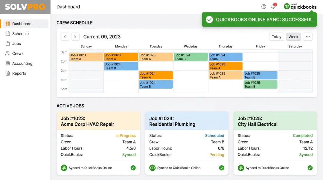 SolvPro platform dashboard showing scheduling job costing and QuickBooks sync
