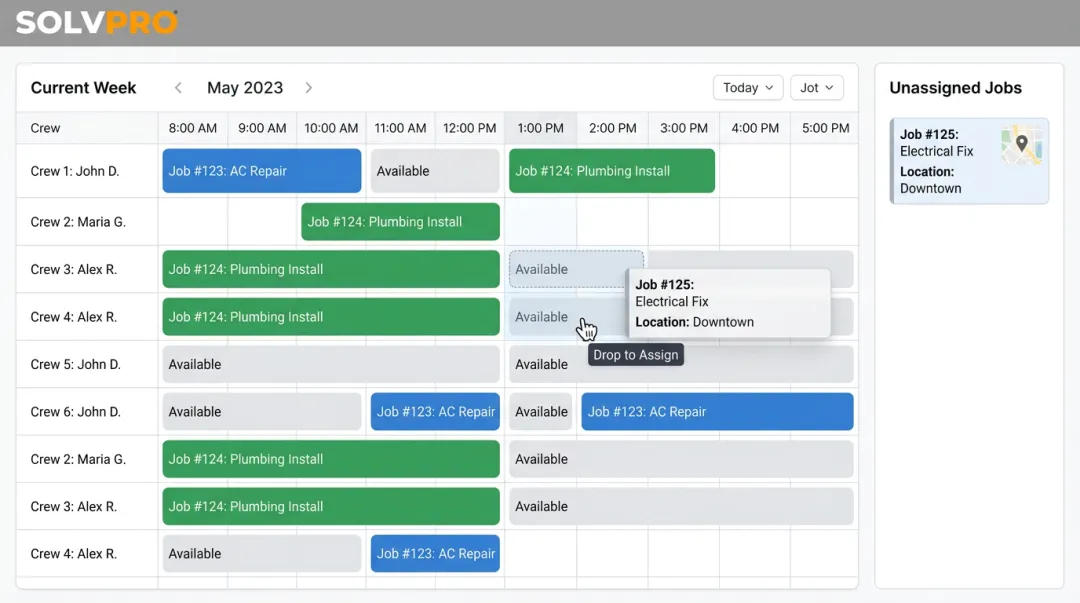 SolvPro drag-and-drop scheduling calendar showing technician dispatch assignments