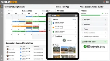 SolvPro contractor dashboard showing crew scheduling geolocation tracking and invoicing