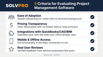 Five key criteria infographic for evaluating construction project management software